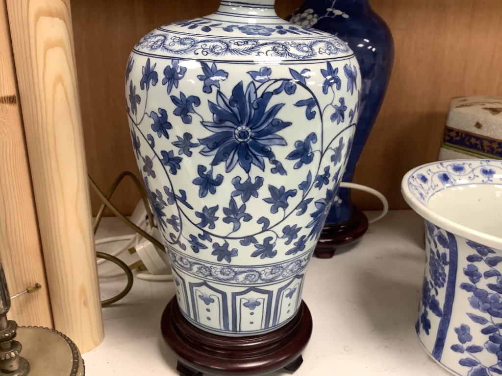 Two Chinese porcelain blue and white lamps, a similar jardinière, two bowls and covers and a hexagonal box and cover